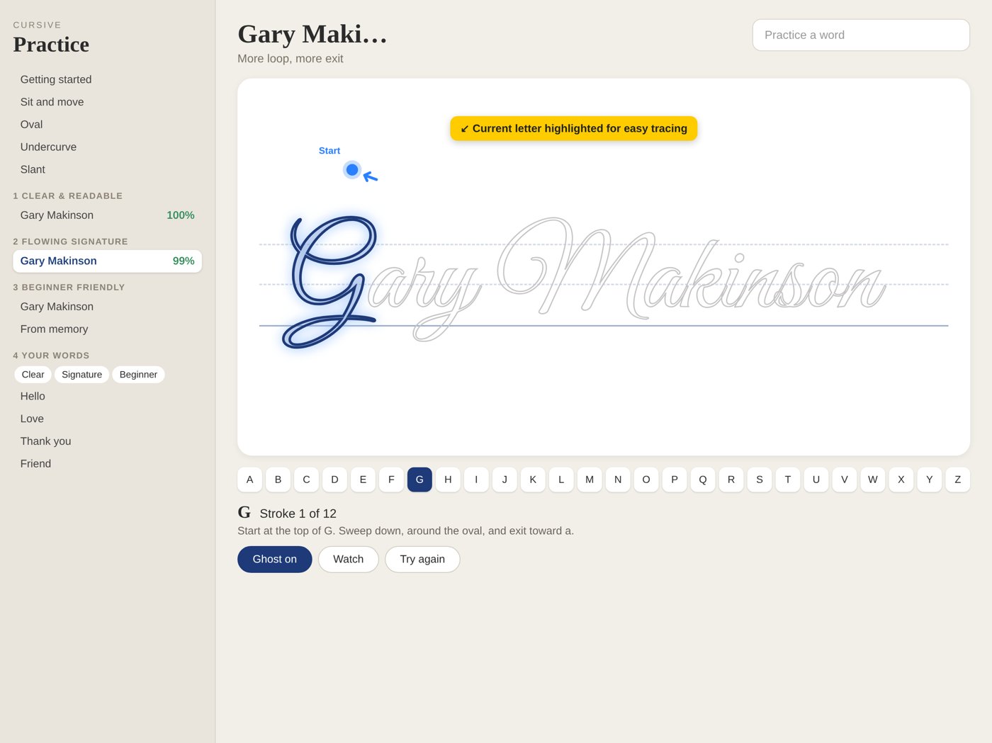 Ghost mode on — the current letter (G) is highlighted to trace.